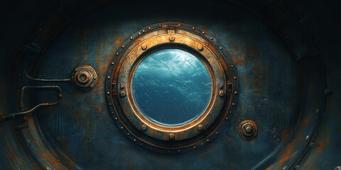 Circular submarine porthole window offering a view of the underwater ocean, with a rusty metallic frame that contrasts strikingly with the deep blue water, evoking a vintage nautical ambiance