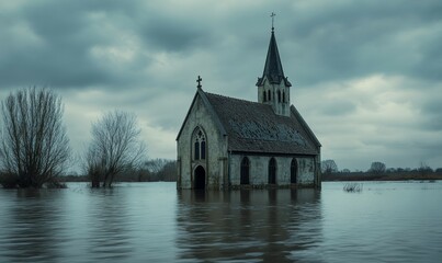 Obraz premium Partially submerged church in flooded landscape, evoking tranquility