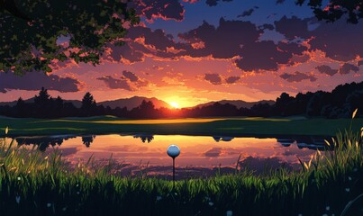 Golf Ball on Tee with Club at Sunset on a Golf Course