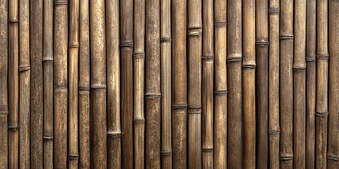 Fototapeta premium Close-up of yellow bamboo stalks arranged in a tidy, repetitive pattern, showcasing a natural wooden texture with a warm, rustic appearance, ideal for backgrounds or eco-friendly designs