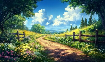 Fototapeta premium Pathway in the country with wooden fencing on either side.
