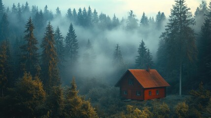 Red Cabin Nestled in a Misty Mountain Forest