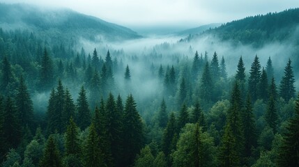 Fototapeta premium Misty Mountains Enveloped In Lush Evergreen Forest