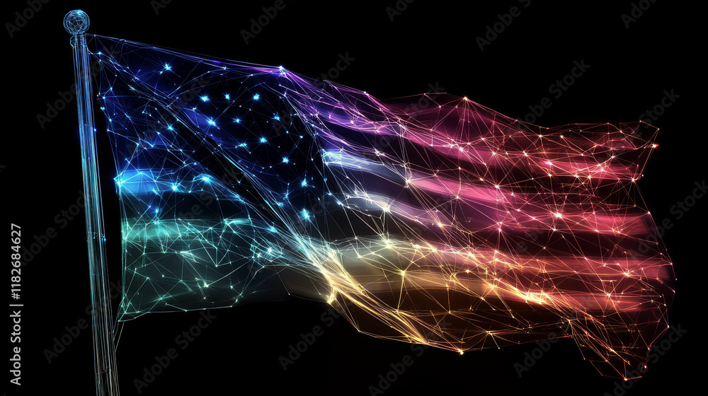 Poster hologram flag. a flag composed of polygons, triangles, dots, and lines. low-poly design showcasing a