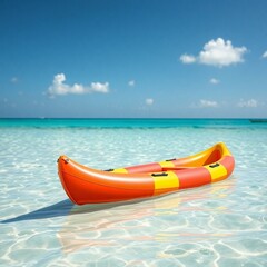 Brightly colored inflatable canoe on a sunny beach.