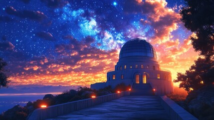 Obraz premium Majestic Observatory at Sunset Under a Starry Sky