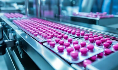 Fototapeta premium Pharmaceutical Production Line with Pink Pills in Blister Packs