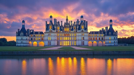 Fototapeta premium Majestic Chateau at Sunset Reflecting in Calm Water