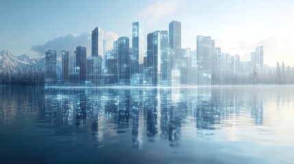 Obraz premium Digital Cityscape Reflected in Winter Lake