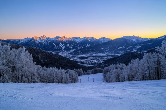 Snowy peaks illuminate with the soft light of dawn, revealing a serene landscape. The valley below is blanketed in fresh snow, creating a picturesque winter scene