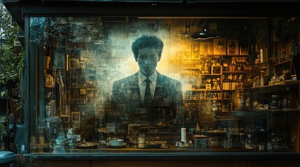 Fototapeta premium A Man in Suit Appears Behind Shop Window Display