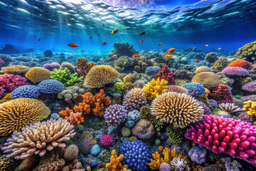Vibrant coral reef teeming with colorful fish and diverse marine life.