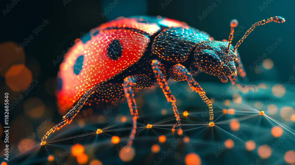 Poster a hologram of a ladybug. a ladybug made of polygons, triangles of dots and lines. ladybug low poly c