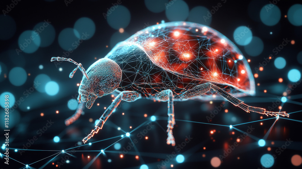 Poster a hologram of a ladybug. a ladybug made of polygons, triangles of dots and lines. ladybug low poly c