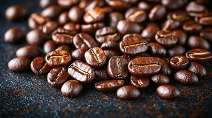 Roasted coffee beans falling on heap against dark background, closeup