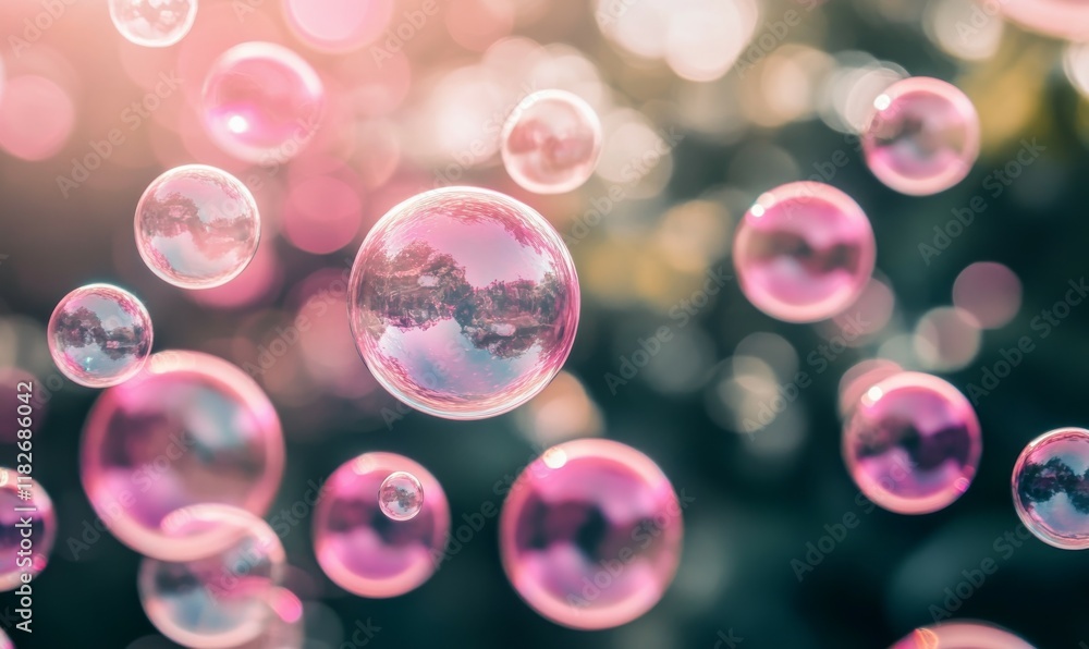 Poster pink bubbles creating a blurry bokeh effect. soft and dreamy background for photography.