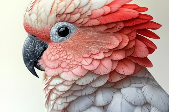 A detailed and realistic close-up portrait of a pink and white parrot with soft feathers and an expressive eye, showcasing the bird's natural beauty and grace.