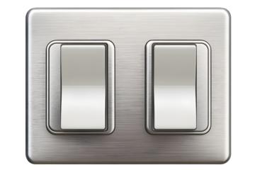 Double light switch with stainless steel plate, featuring a brushed metal finish and white switches. Ideal for modern interiors. Isolated on transparent background, png.