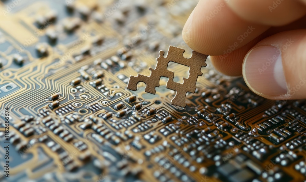 Poster hand inserting the final 'ai' labeled puzzle piece into a circuit board pattern puzzle