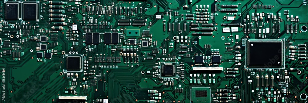 Poster close-up view of a complex green circuit board reveals intricate patterns and electronic components