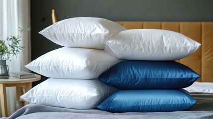 Many soft pillows on bed and bedside table at home