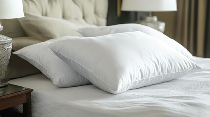 Obraz premium Many soft pillows on bed and bedside table at home