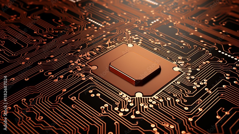 Poster exploring the intricate design of a modern microprocessor circuit board. generative ai