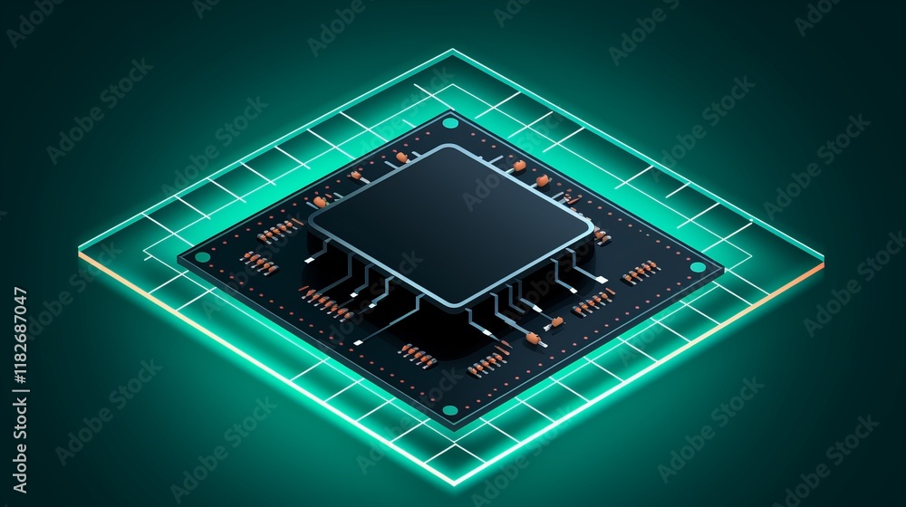 Poster exploring the intricate design of a microprocessor in futuristic technology. generative ai