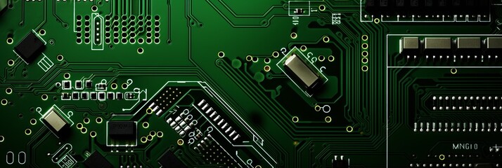 Intricate circuits and connections on a vibrant green circuit board layout. Generative AI