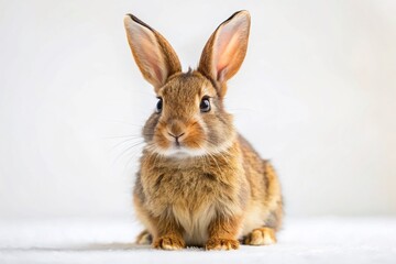 Adorable Brown Bunny Rabbit Sitting Isolated on White Background - Panoramic Stock Photo