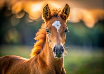 Fototapeta premium Adorable Brown Horse Colt Foal Portrait - Stock Photo