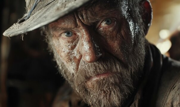 Portrait of miner dirty face tired of work,