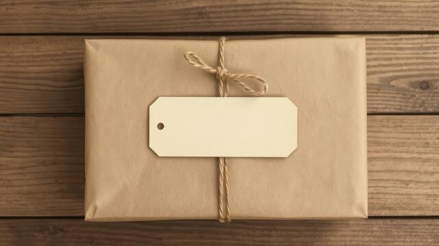 Rustic brown paper parcel tied with twine, blank label, object,material,minimal