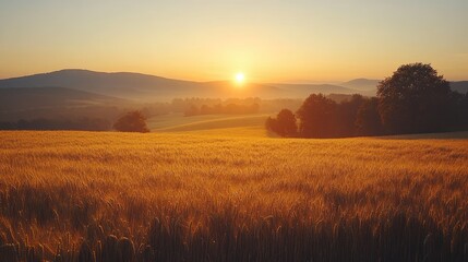 Obraz premium Golden Wheat Field Sunrise Over Rolling Hills