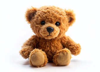 Adorable Brown Teddy Bear, Tilt-Shift Miniature Effect, White Background Stock Photo