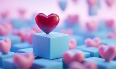 Heart is on top of a blue and pink block. There are many other hearts scattered around the scene