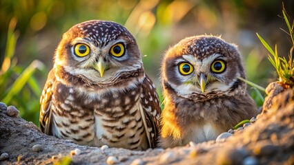 Adorable Burrowing Owl Chick and Parent Swiveling Heads, Gazing Right Near Nest Hole in Cape Coral, Florida