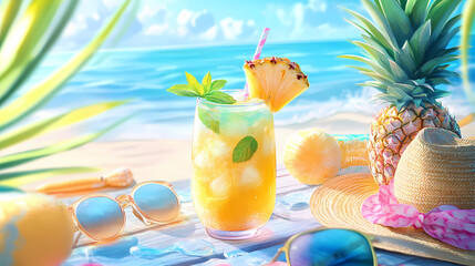 Pineapple mojito on a sun-drenched beach table, surrounded by sunglasses, straw hats, and colorful summer dresses, vintage illustration, soft pastel colors, nostalgic vibe. Seafrost. Illustration