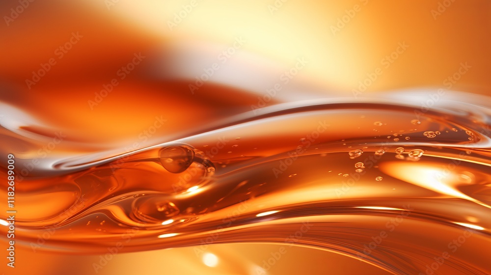 Poster flowing amber liquid dances in soft light, creating mesmerizing patterns. generative ai