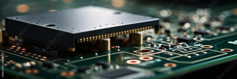 Poster intricate details of microchip on a circuit board amidst electronic connections. generative ai