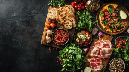 Fototapeta premium Many different healthy food on dark textured table, flat lay