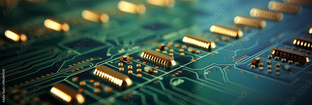Poster exploring the intricate world of circuit boards at dawn in a tech lab. generative ai