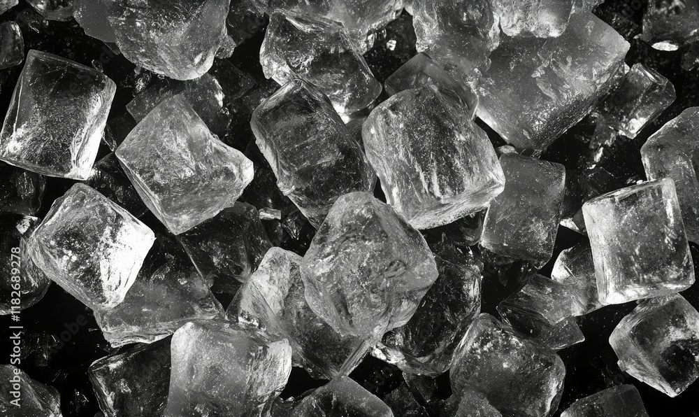 Poster ice cubes with a black background. the ice cubes are all different shapes and sizes, and they are sc