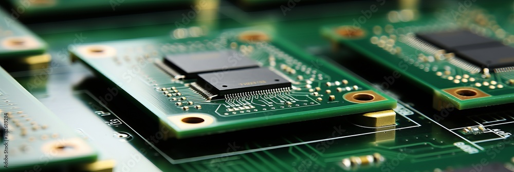 Poster explore the intricate design of modern circuit boards in a tech workshop. generative ai