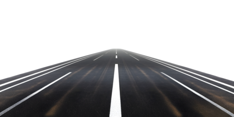 Asphalt road street with white lines isolated on transparent background. Highway motorway travel or trip, empty, straight long speedway perspective, forward into infinity