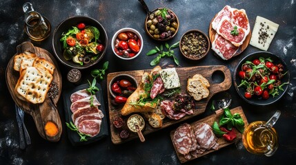 Many different healthy food on dark textured table, flat lay