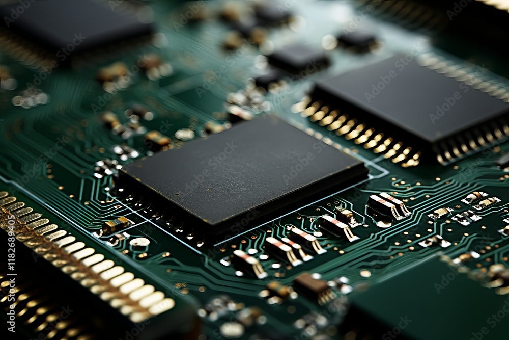 Poster intricate details of a circuit board with microchips and connections at night. generative ai