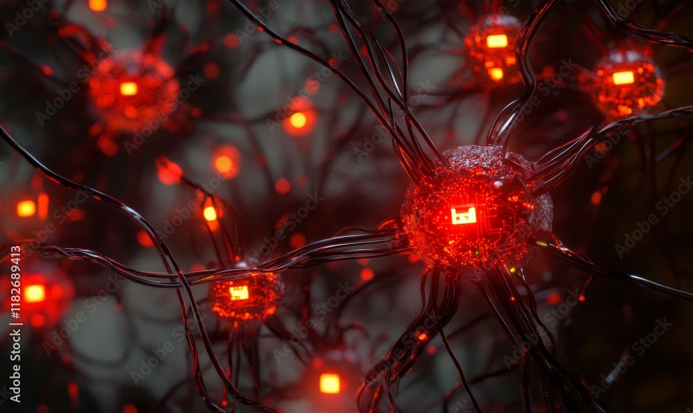 Poster illuminated viral mutation with circuitry and red led lights, metaphor for tech evolution or virus r