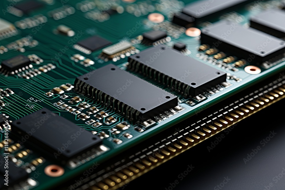 Poster intricate details of an advanced microchip showcasing modern technology components. generative ai