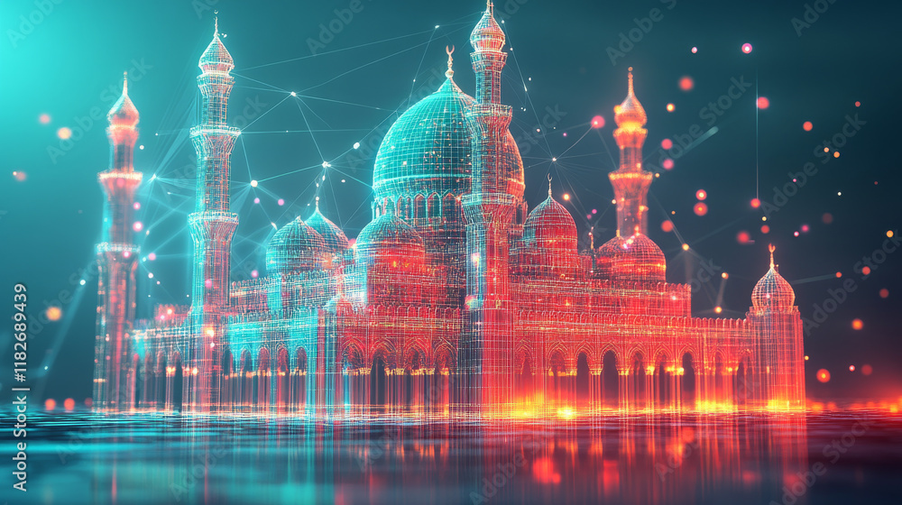 Poster a hologram of a mosque. a muslim mosque made of polygons, triangles of dots and lines. mosque is a l